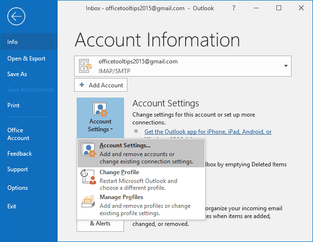 Account Settings in Outlook 2016