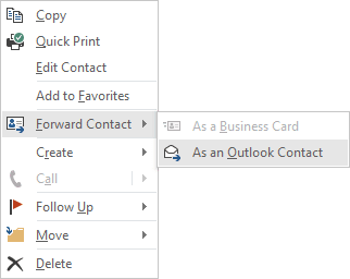 Forward Contact in popup menu Outlook 2016