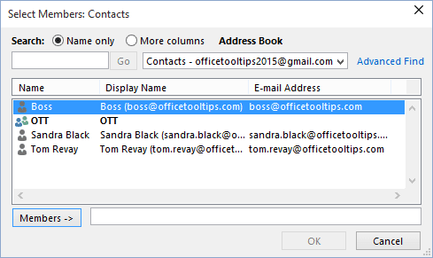 Select Members in Outlook 2016