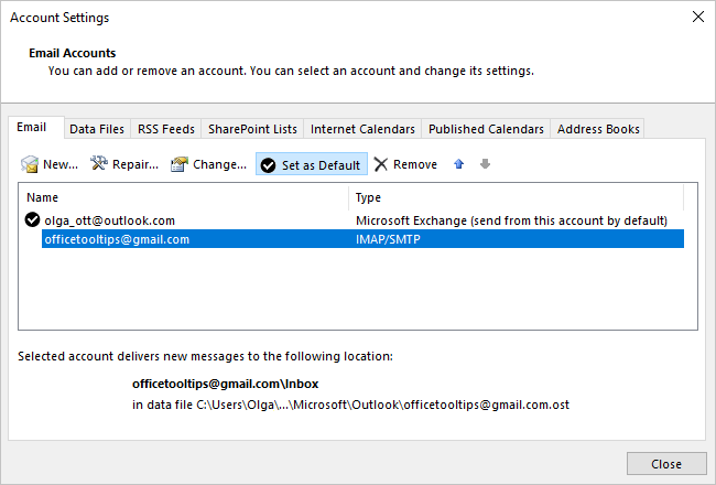 Default in Account Settings dialog box Outlook 365
