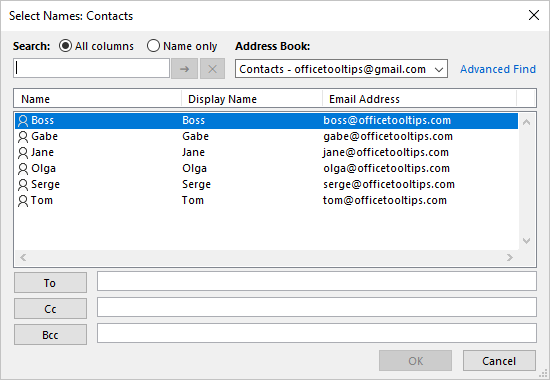Address Book example in Outlook 365