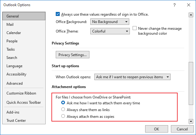 Attachment options in Outlook 365