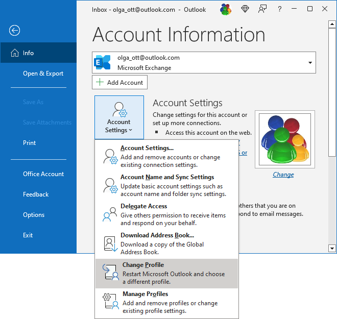 Change Profiles in Account Information pane Outlook 365