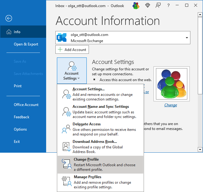 Change Profiles in Account Information pane Outlook for Microsoft 365 Change Profiles in Account Information pane Outlook 365