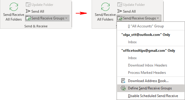 Define Send and Receive Groups in Classic ribbon Outlook 365