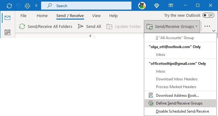 Define Send and Receive Groups in Simplified ribbon Outlook 365