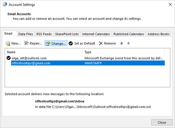 Change in Account Settings dialog box Windows 10