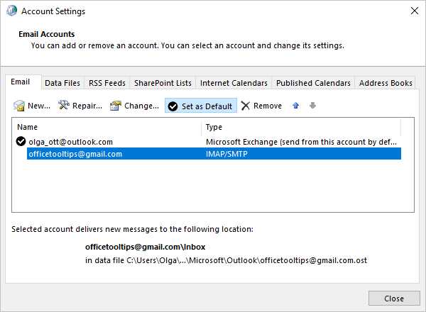 Default in Account Settings dialog box Windows 10