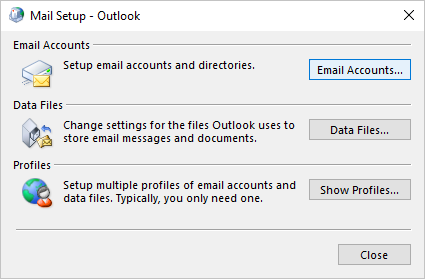 Email Accounts in Mail Setup - Outlook dialog box Windows 10