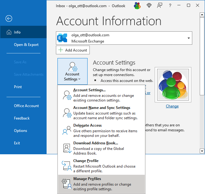 Manage Profiles in Account Information pane Outlook for Microsoft 365 Manage Profiles in Account Information pane Outlook 365