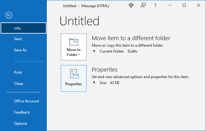 Properties button in Info pane Outlook 365