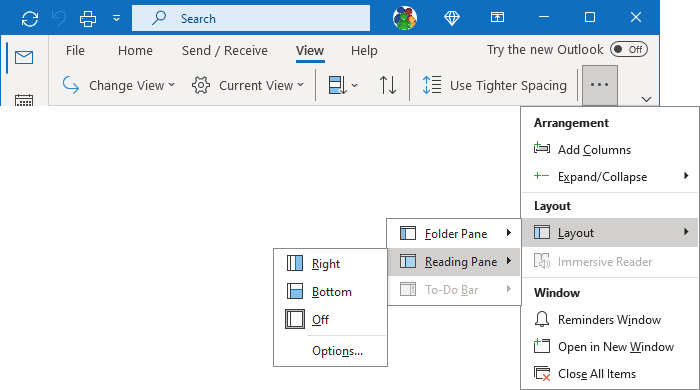 Reading pane in Simplified ribbon Outlook 365