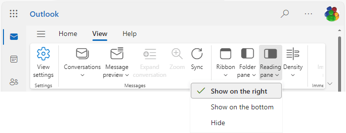 Reading pane in Classic ribbon Outlook for Web