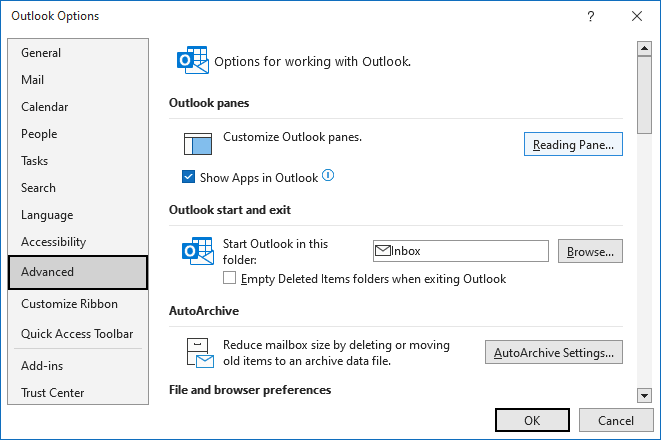 Reading pane in Advanced Options Outlook 365