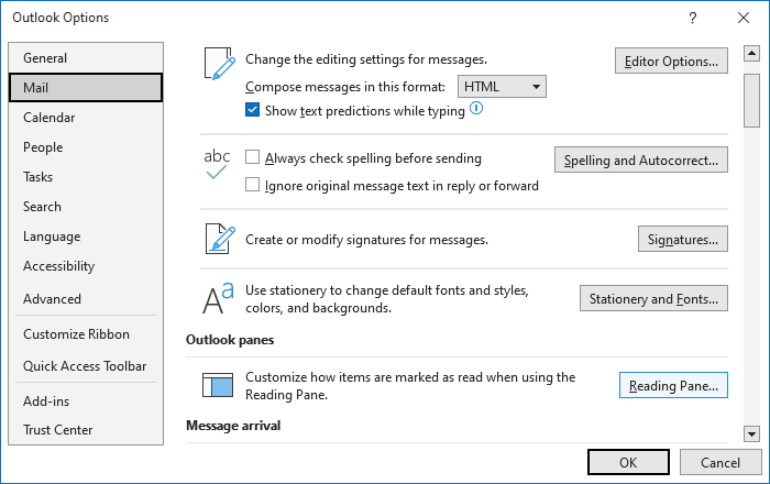 Reading pane in Mail Options Outlook 365
