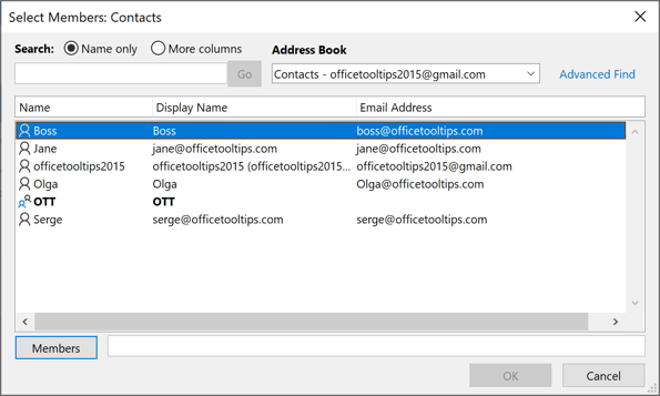 Select Members in Outlook 365