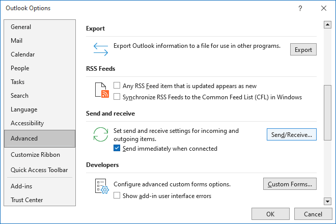 Send and Receive button in Outlook 365 Options