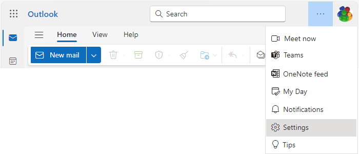 Settings button in popup menu Outlook for Web