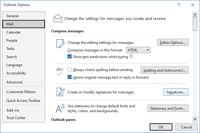Signatures in Outlook Options 365