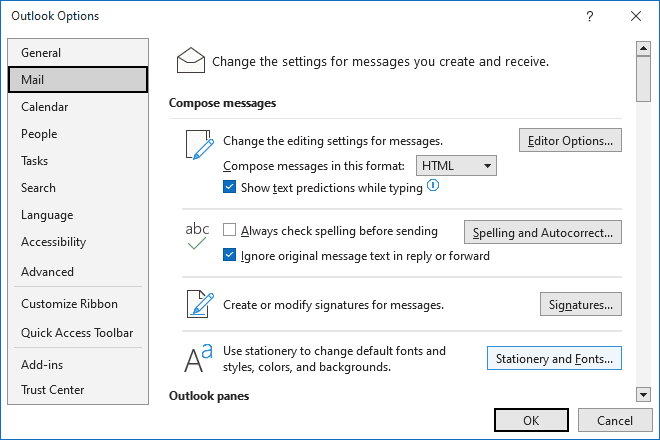 Stationery and Fonts in Outlook Options 365