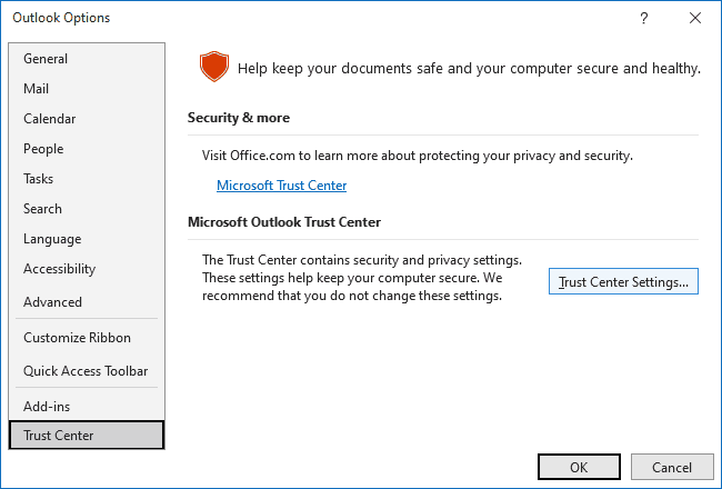 Trust Center in Outlook for Microsoft 365 Trust Center in Outlook 365