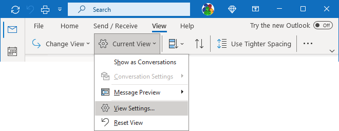 View Settings in Simplified ribbon Outlook 365