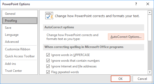 Proofing Options in PowerPoint 2016