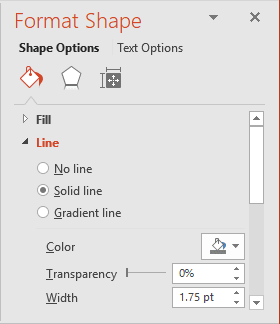 Line color and width in Format Shape pane PowerPoint 2016