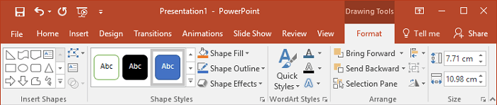 Drawing Tools toolbar in PowerPoint 2016