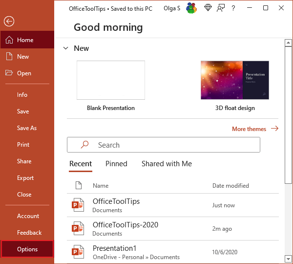 Options in PowerPoint 365