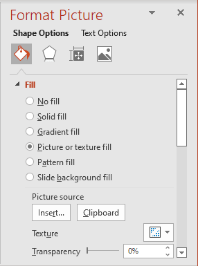 Picture or texture Fill in Format Shape pane PowerPoint 365