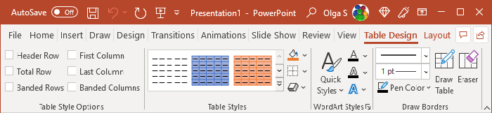 Table Design tab in PowerPoint 365