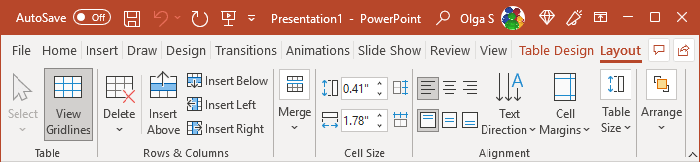Table Layout tab in PowerPoint 365