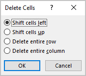 Delete Cells dialog box in Word 365