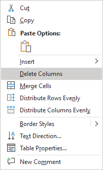 Delete Columns in popup menu Word 365