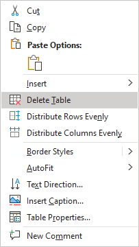 Delete Table in popup menu Word 365