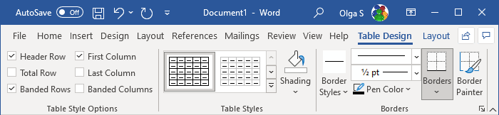 Table Design tab in Word 365