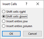 Insert Cells dialog box in Word 365