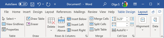 Table Layout tab in Word 365