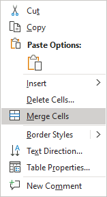 Merge Cells in popup menu Word 365