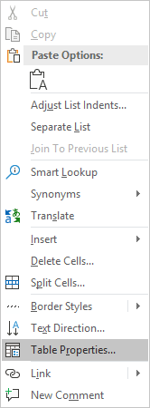 Table properties in the popup menu Word 365