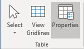 Table Properties button in Word 365