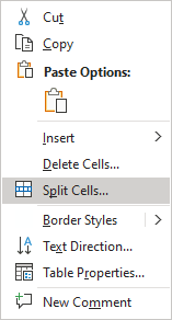Split Cells in popup menu Word 365