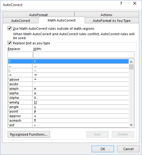 Use Math AutoCorrect rules outside of the math regions in Word 2016