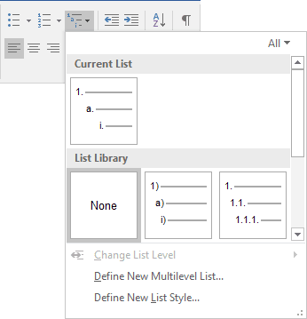 Multilevel lists in Word 2016