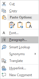 Paragraph in the popup menu Word 2016