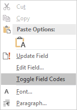 Toggle Field Codes in Word 2016