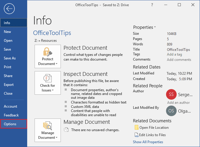 Word 2016 Options button