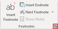 Footnote dialog box launcher in Word 365