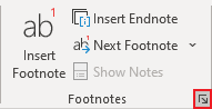 Footnote dialog box launcher in Word for Microsoft 365 Footnote dialog box launcher in Word 365